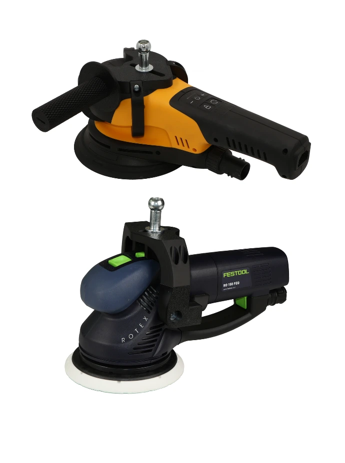 Mirka Deros RS und Festool Rotex 150 mit Schleifunterstützungs-Adaptern