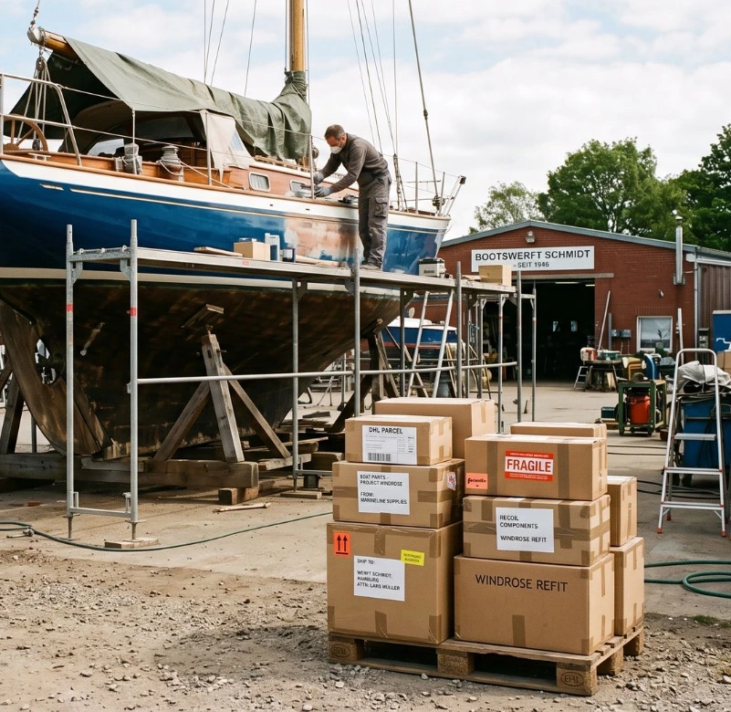 KI-generierte Illustration: Segelboot im Winterlager vor einer Werfthalle, davor Pakete mit Material für den Refit