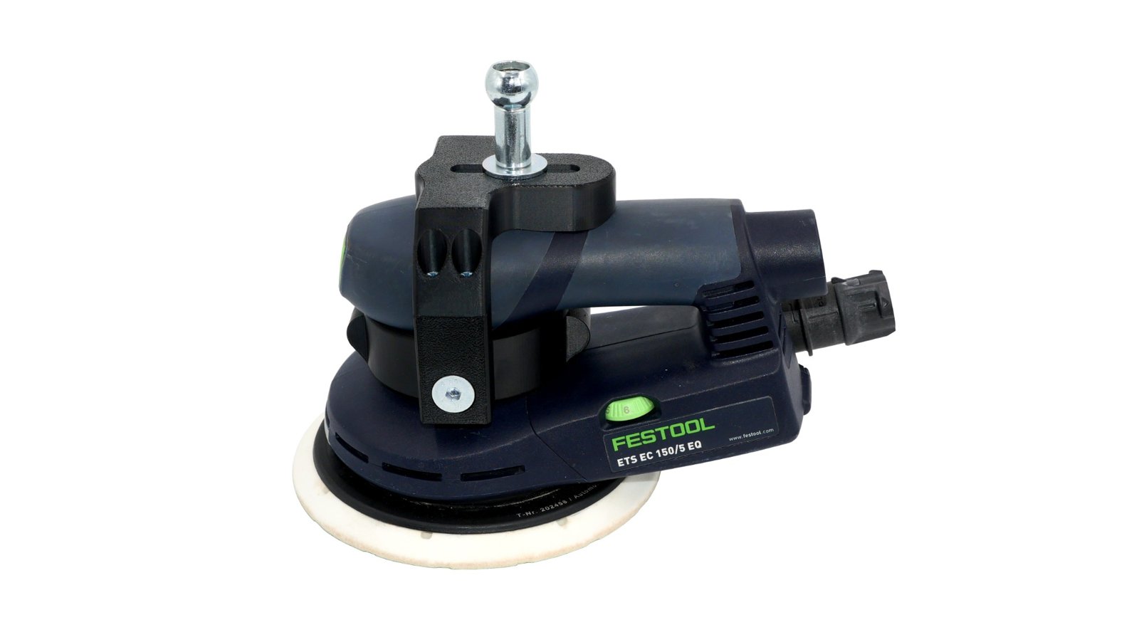 Festool ETS EC 150/5 mit montierter Geräteaufnahme der Schleifunterstützung
